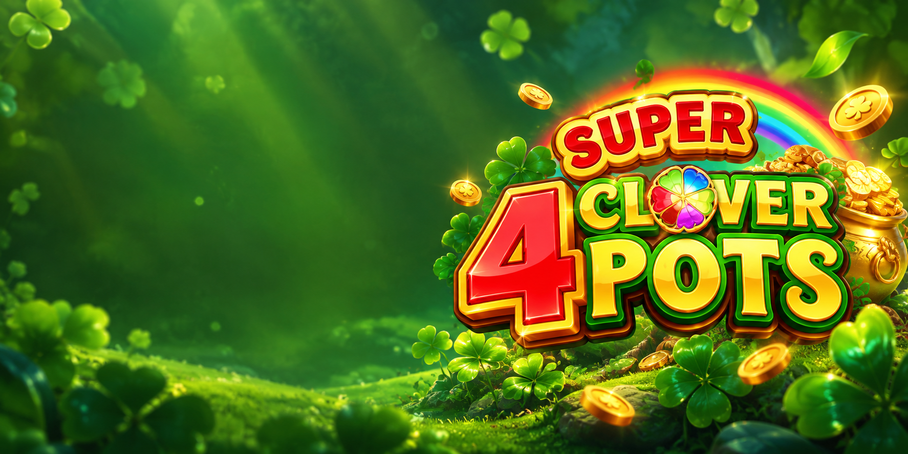 Escena de la tragamonedas 4 Super Clover Pots con rejilla de monedas y tréboles dorados
